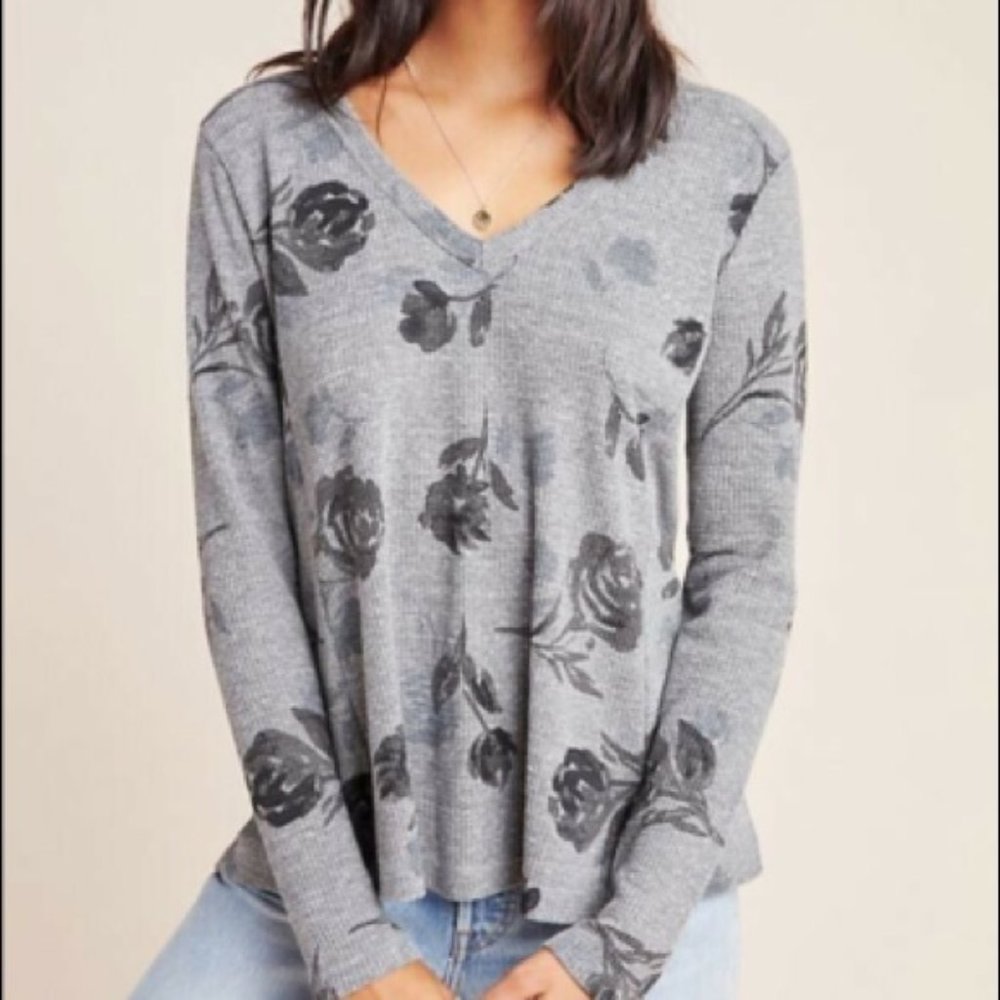 Anthropologie t.la Gray Flora Vicky Thermal Waffle Knit Top sz S